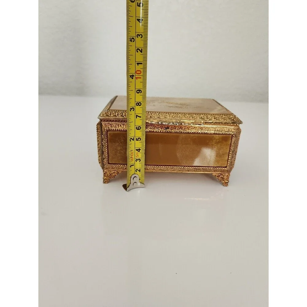 Sankyo MELE Japan Trinket Box Square Shaped w/Green Bakelite Marble Top